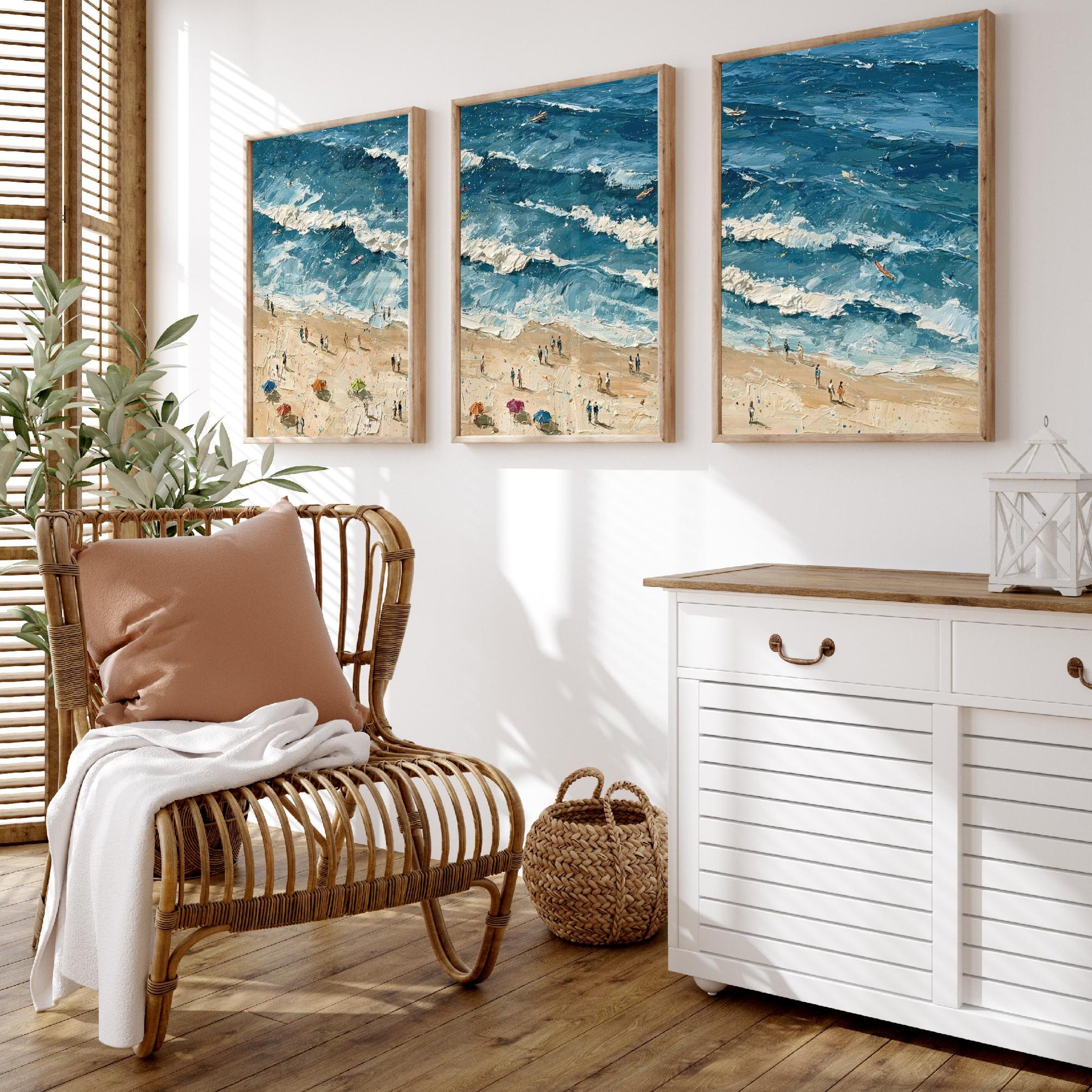 Set of Three Saunton Sands Prints - Aerial Coastal Oil Painting Posters - Colourful Seaside Wall Art - England