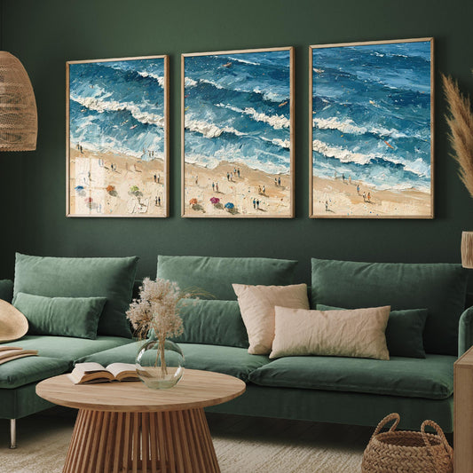 Set of Three Saunton Sands Prints - Aerial Coastal Oil Painting Posters - Colourful Seaside Wall Art - England