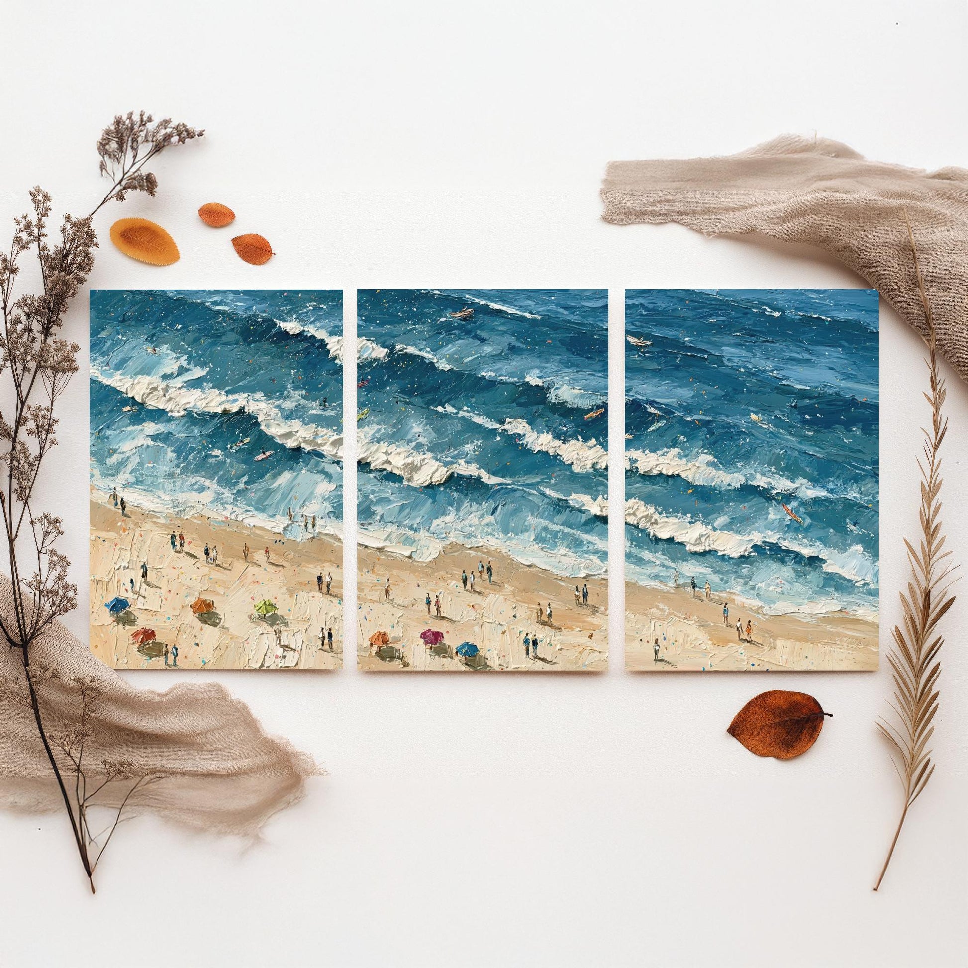 Set of Three Saunton Sands Prints - Aerial Coastal Oil Painting Posters - Colourful Seaside Wall Art - England