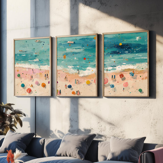 Scarborough South Bay Set of Three Prints - Aerial Yorkshire Coast Posters - Palette Knife Oil Painting - Bucket and Spade Wall Art