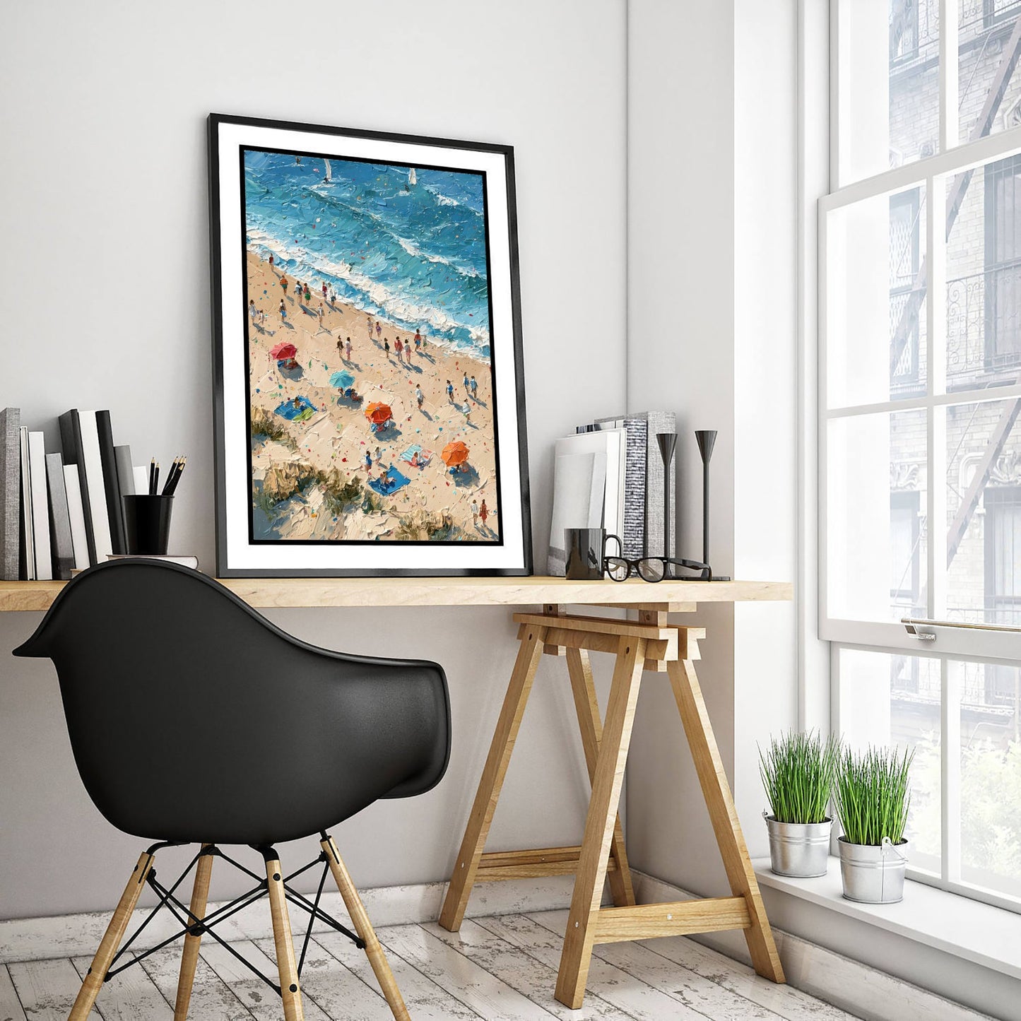 Sennen Cove Travel Poster - Aerial Beach Art Print - Impasto Beach Painting - Cornwall Panel 1/3