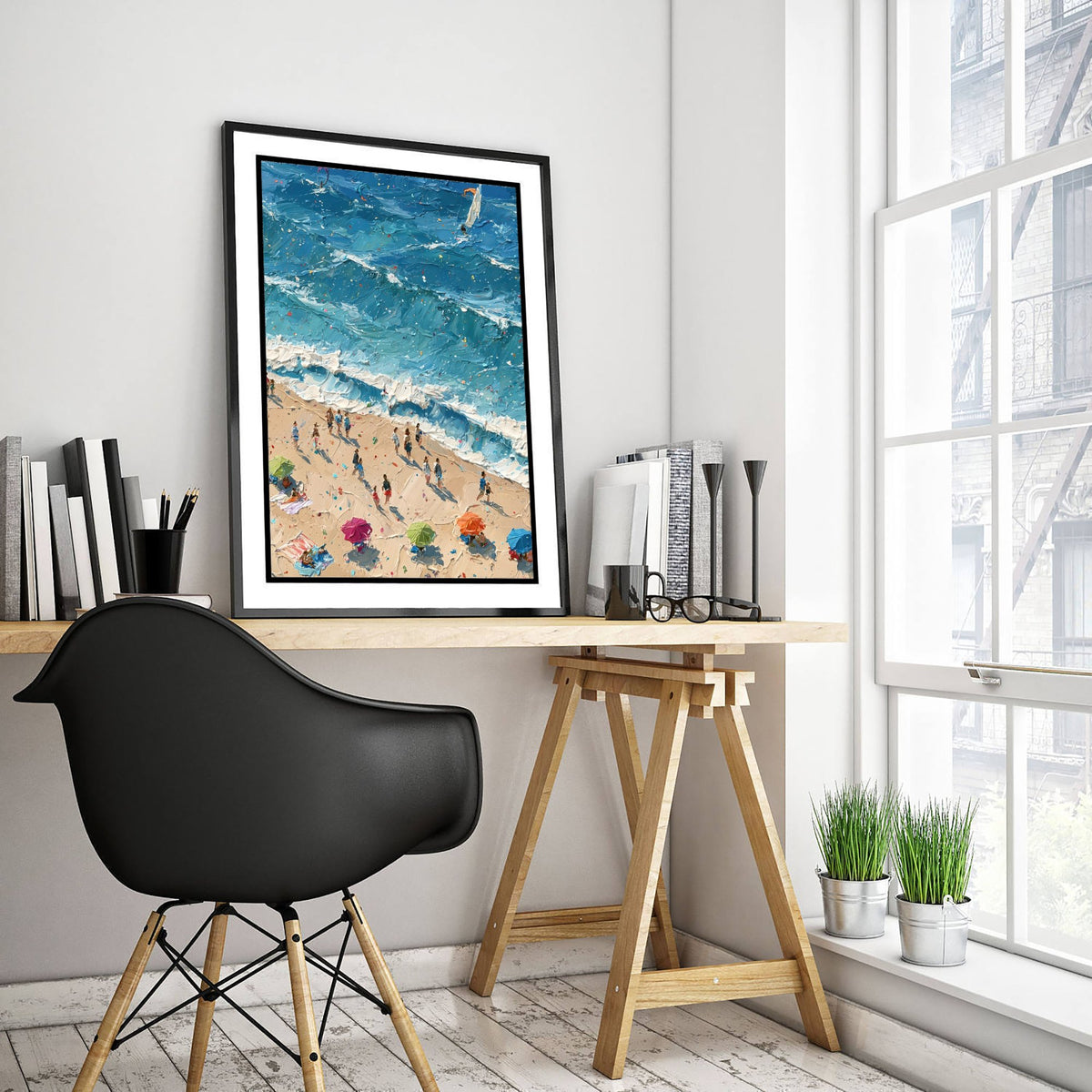 Sennen Cove Travel Poster - Aerial Beach Art Print - Impasto Beach Painting - Cornwall Panel 2/3