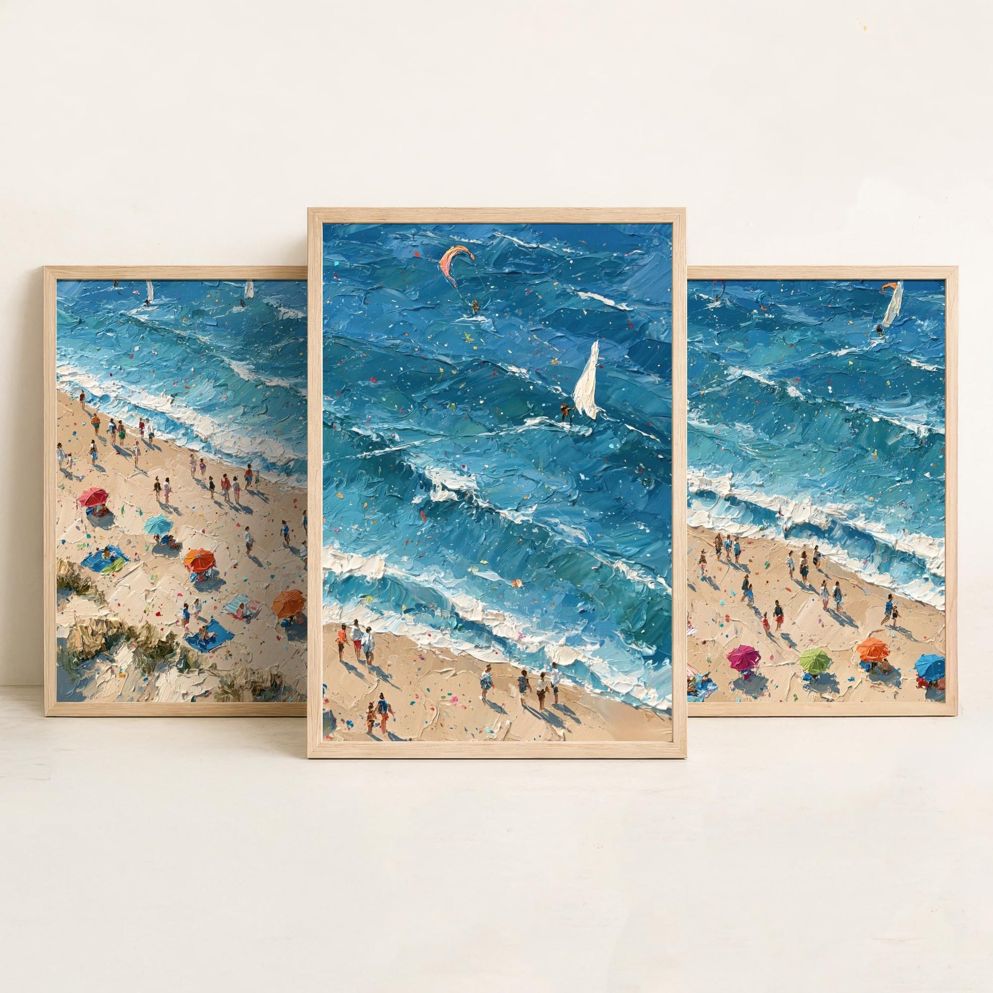 Set of Three Sennen Cove Prints - Aerial Coastal Oil Painting Posters - Colourful Seaside Wall Art - England