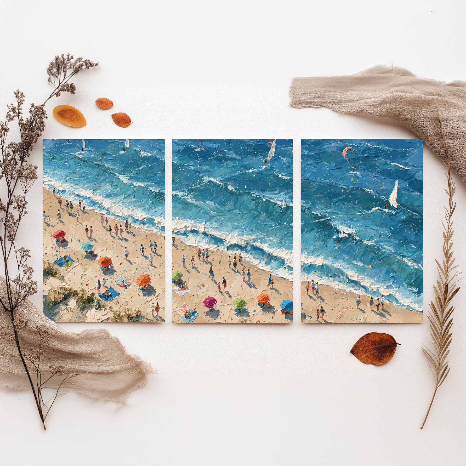 Set of Three Sennen Cove Prints - Aerial Coastal Oil Painting Posters - Colourful Seaside Wall Art - England
