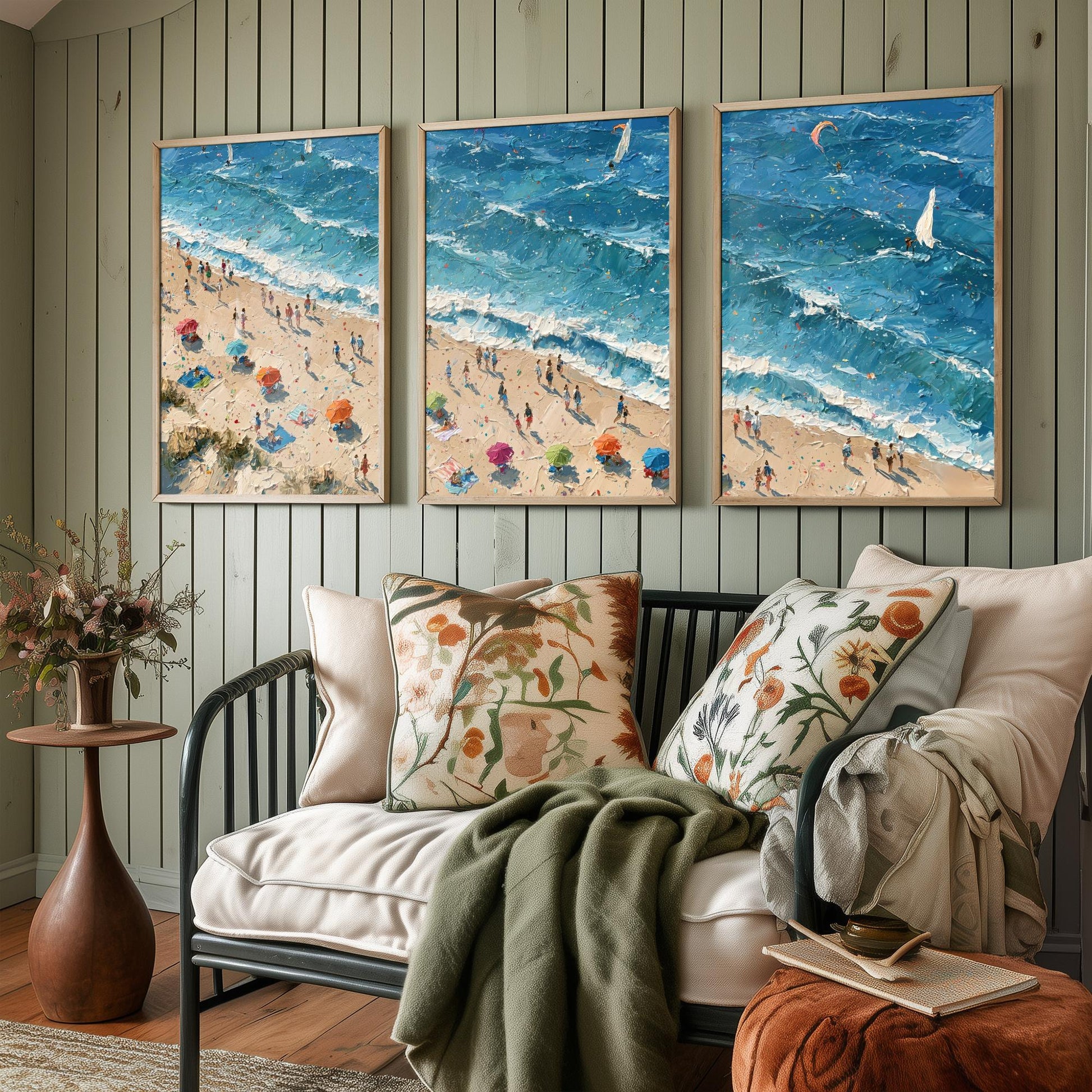 Set of Three Sennen Cove Prints - Aerial Coastal Oil Painting Posters - Colourful Seaside Wall Art - England