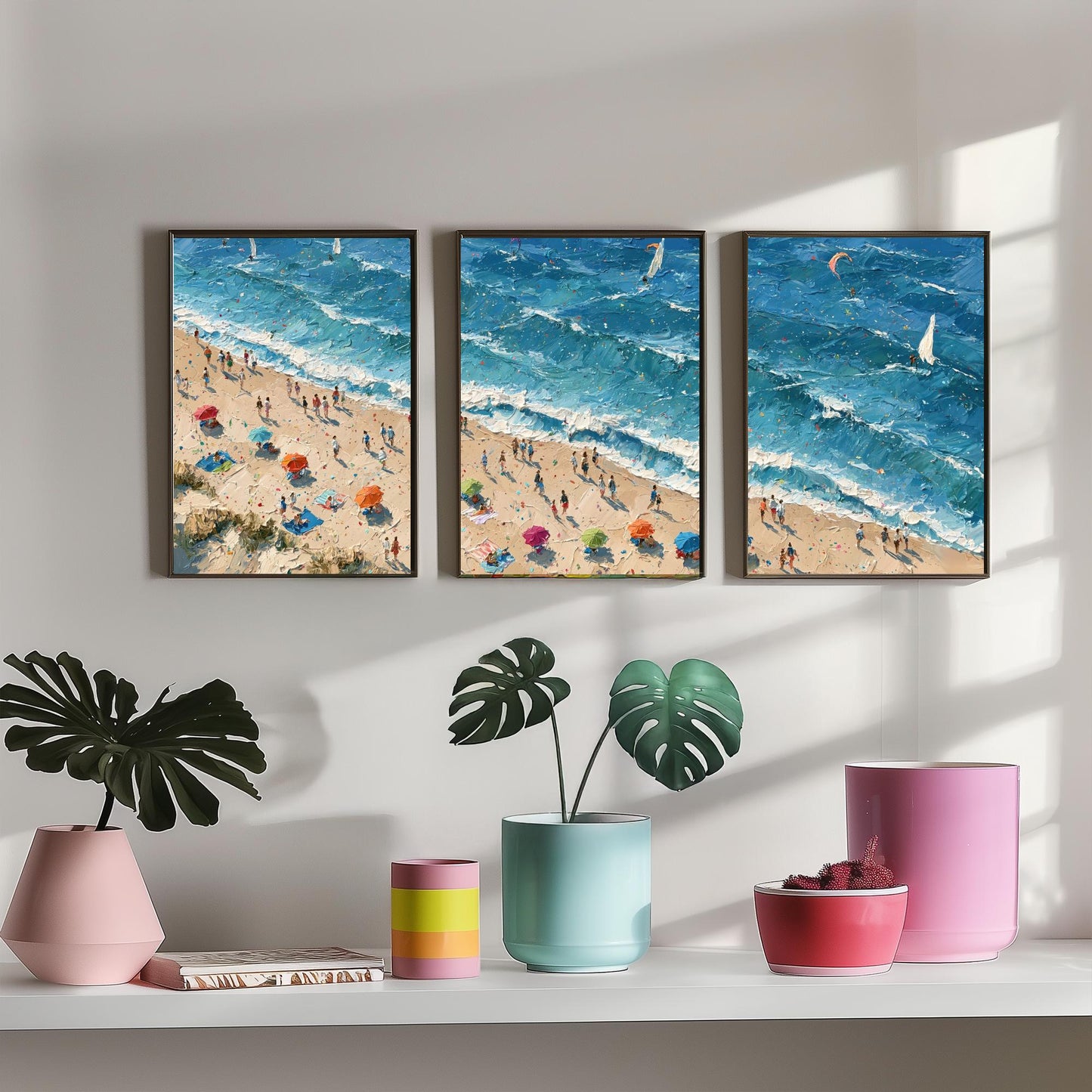Set of Three Sennen Cove Prints - Aerial Coastal Oil Painting Posters - Colourful Seaside Wall Art - England