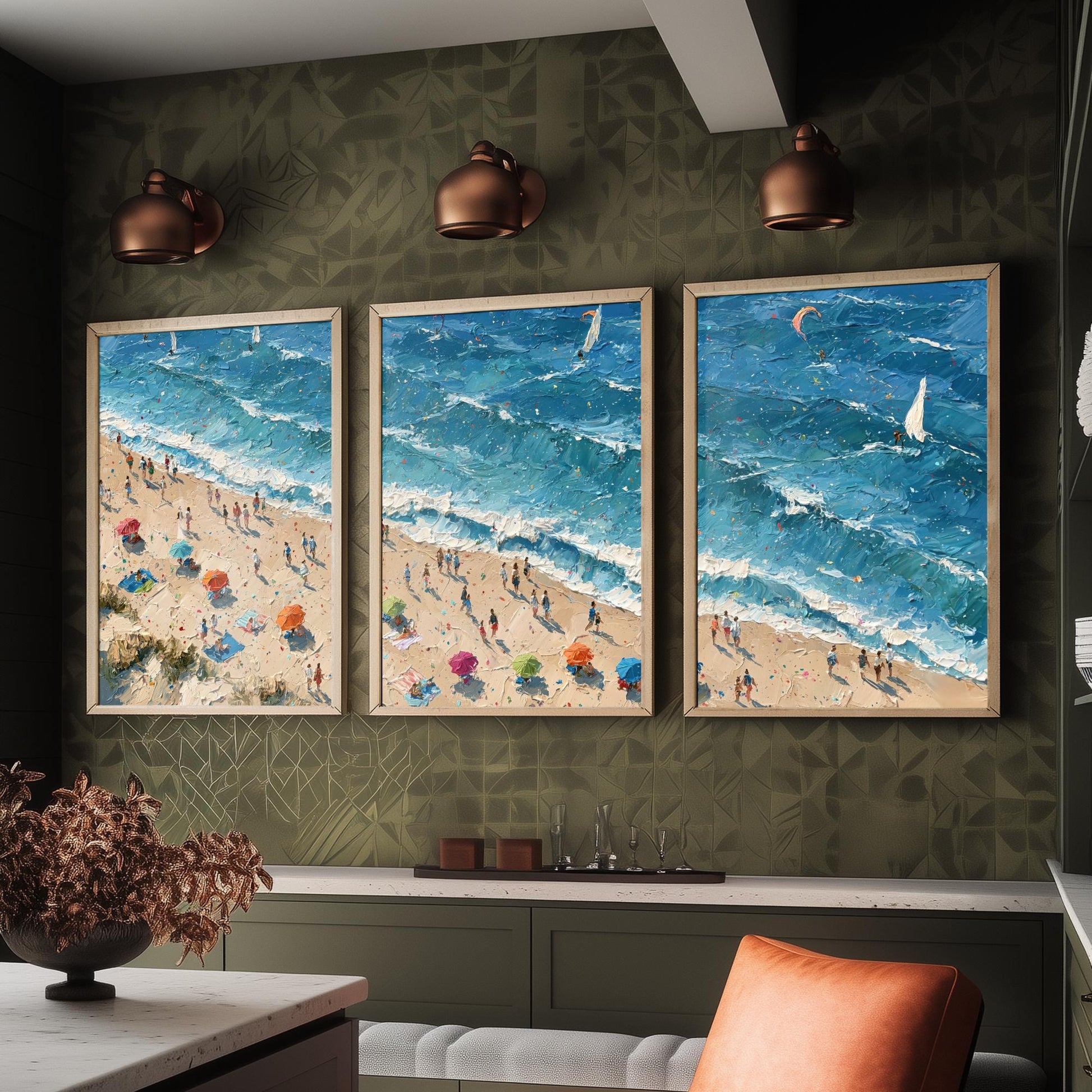 Set of Three Sennen Cove Prints - Aerial Coastal Oil Painting Posters - Colourful Seaside Wall Art - England