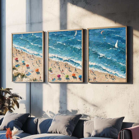 Set of Three Sennen Cove Prints - Aerial Coastal Oil Painting Posters - Colourful Seaside Wall Art - England