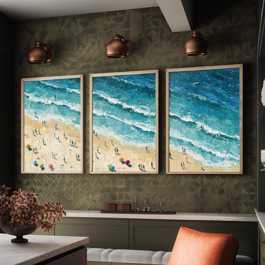 Set of Three Skegness Beach Prints - Aerial Coastal Oil Painting Posters - Colourful Seaside Wall Art - England