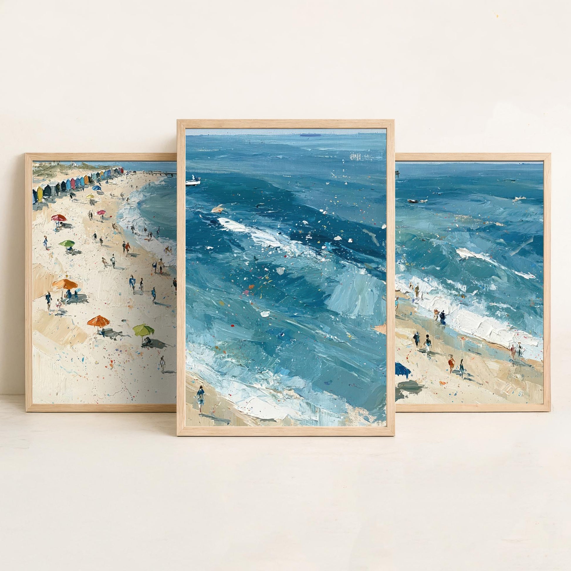 Set of Three Southwold Beach Prints - Aerial Coastal Oil Painting Posters - Colourful Seaside Wall Art - England