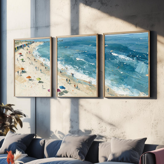 Set of Three Southwold Beach Prints - Aerial Coastal Oil Painting Posters - Colourful Seaside Wall Art - England