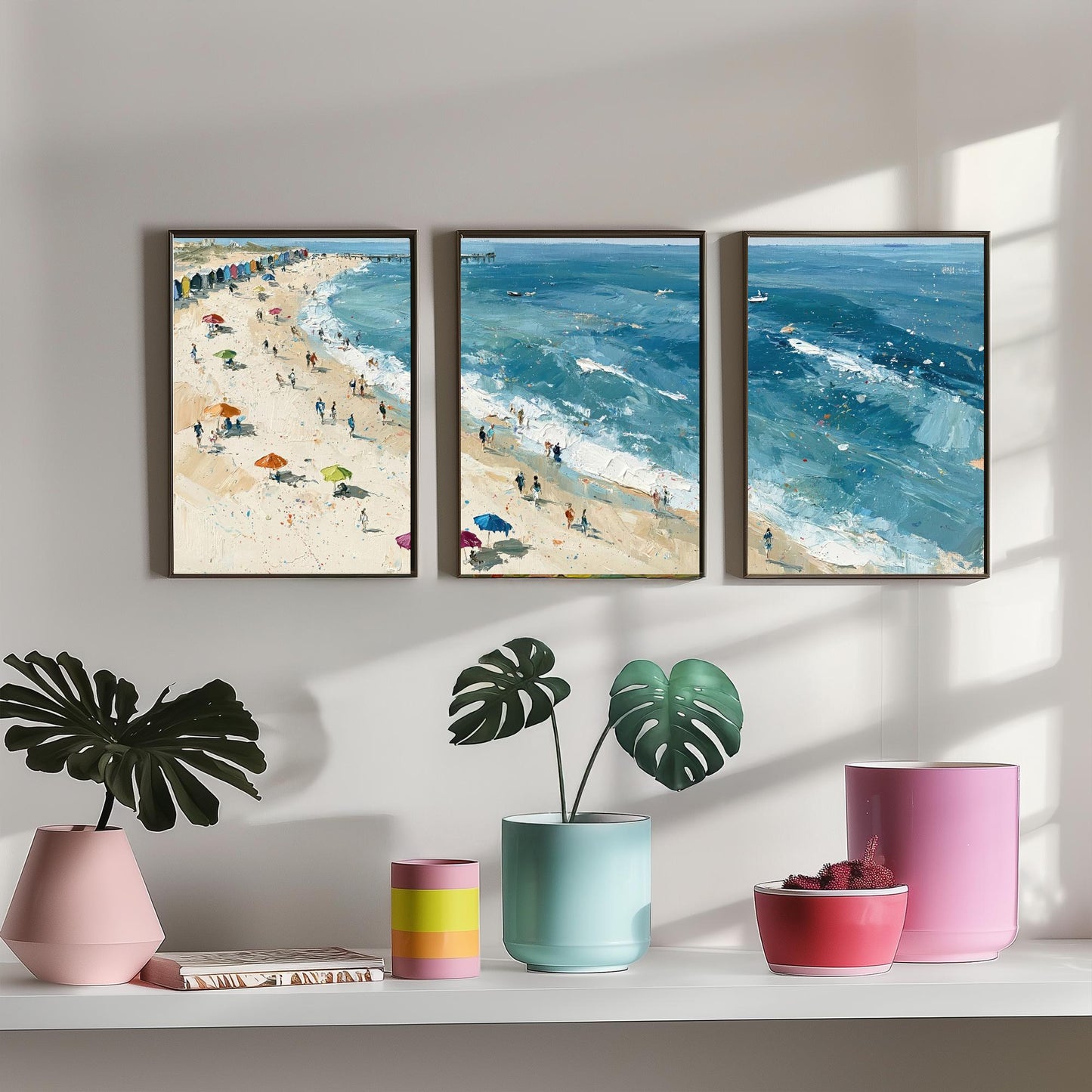 Set of Three Southwold Beach Prints - Aerial Coastal Oil Painting Posters - Colourful Seaside Wall Art - England