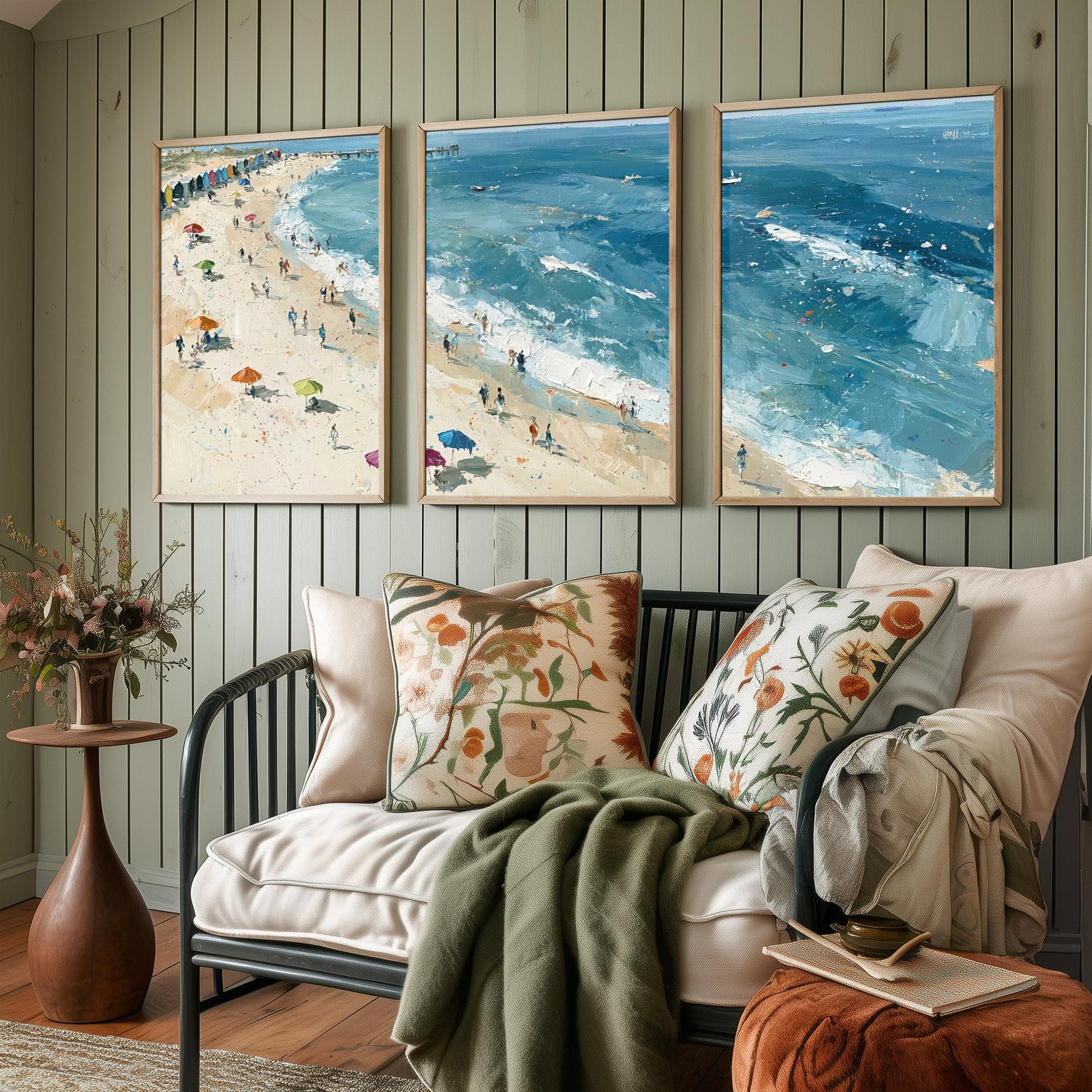 Set of Three Southwold Beach Prints - Aerial Coastal Oil Painting Posters - Colourful Seaside Wall Art - England