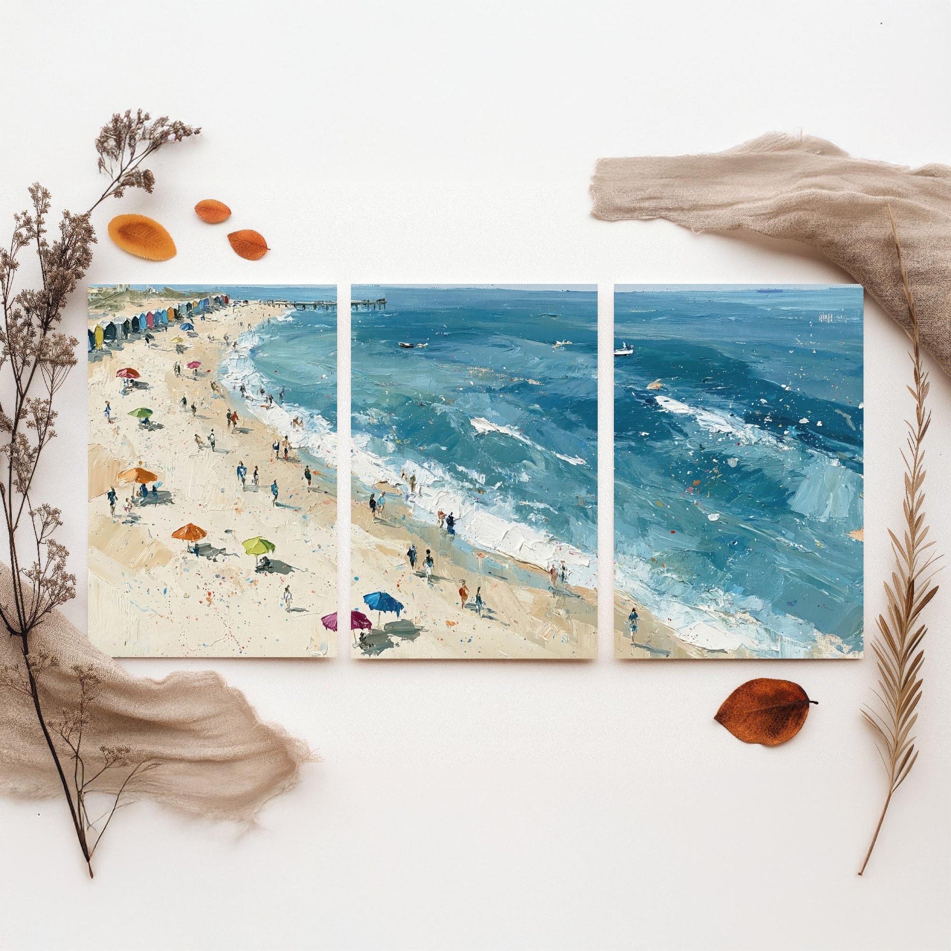 Set of Three Southwold Beach Prints - Aerial Coastal Oil Painting Posters - Colourful Seaside Wall Art - England