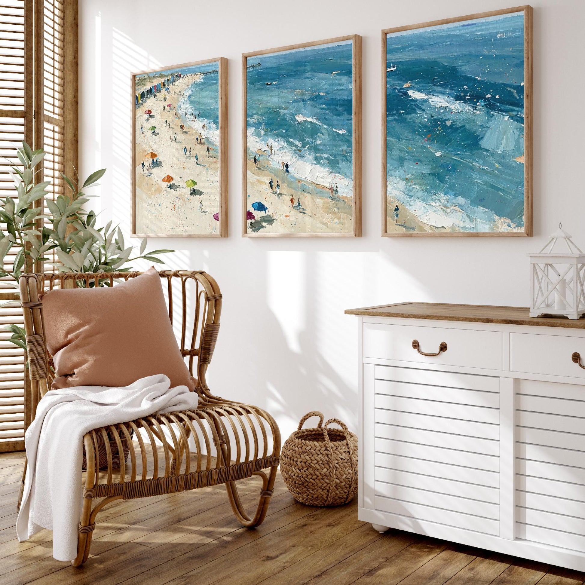 Set of Three Southwold Beach Prints - Aerial Coastal Oil Painting Posters - Colourful Seaside Wall Art - England