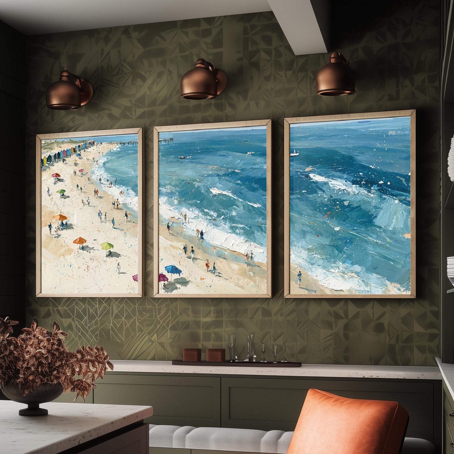 Set of Three Southwold Beach Prints - Aerial Coastal Oil Painting Posters - Colourful Seaside Wall Art - England