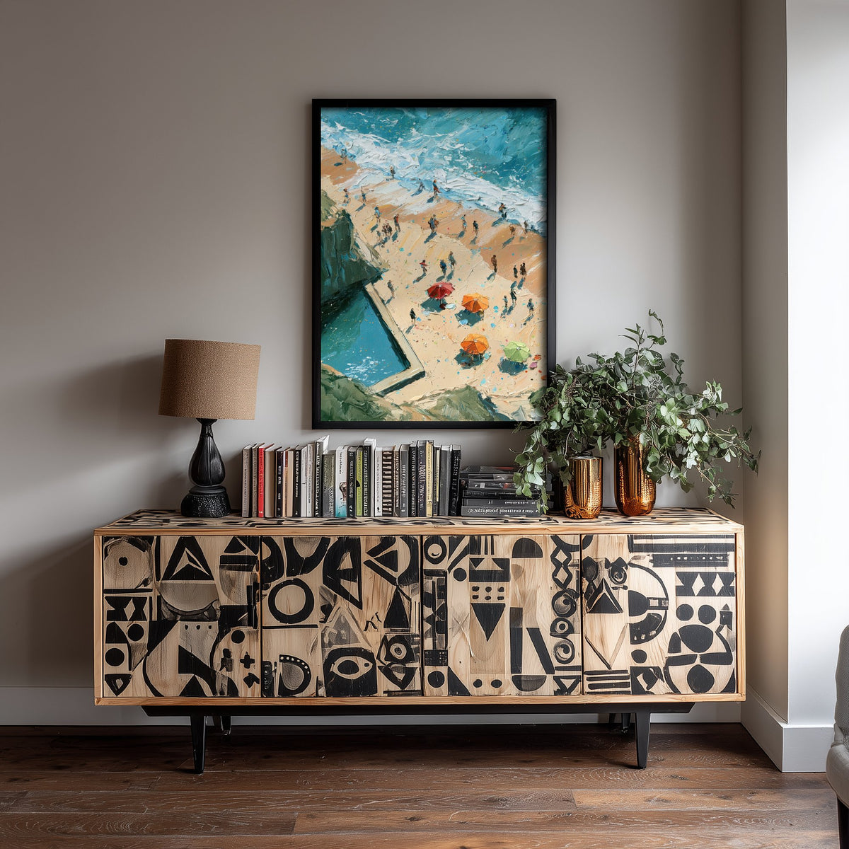Summerleaze Beach Bude Travel Poster - Aerial Beach Art Print - Impasto Beach Painting - Cornwall Panel 1/3