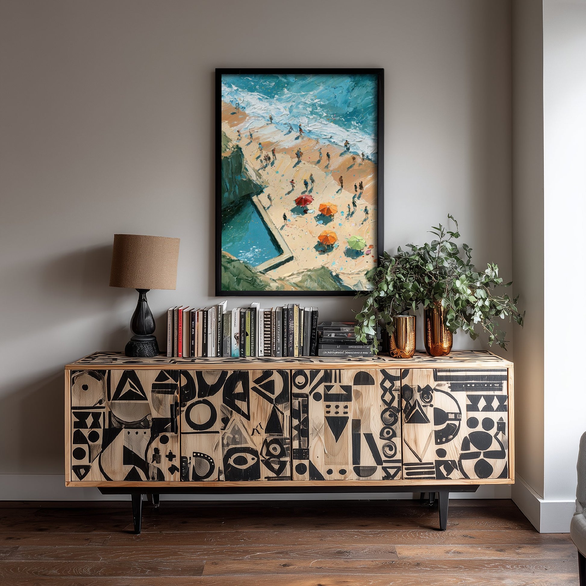 Summerleaze Beach Bude Travel Poster - Aerial Beach Art Print - Impasto Beach Painting - Cornwall Panel 1/3