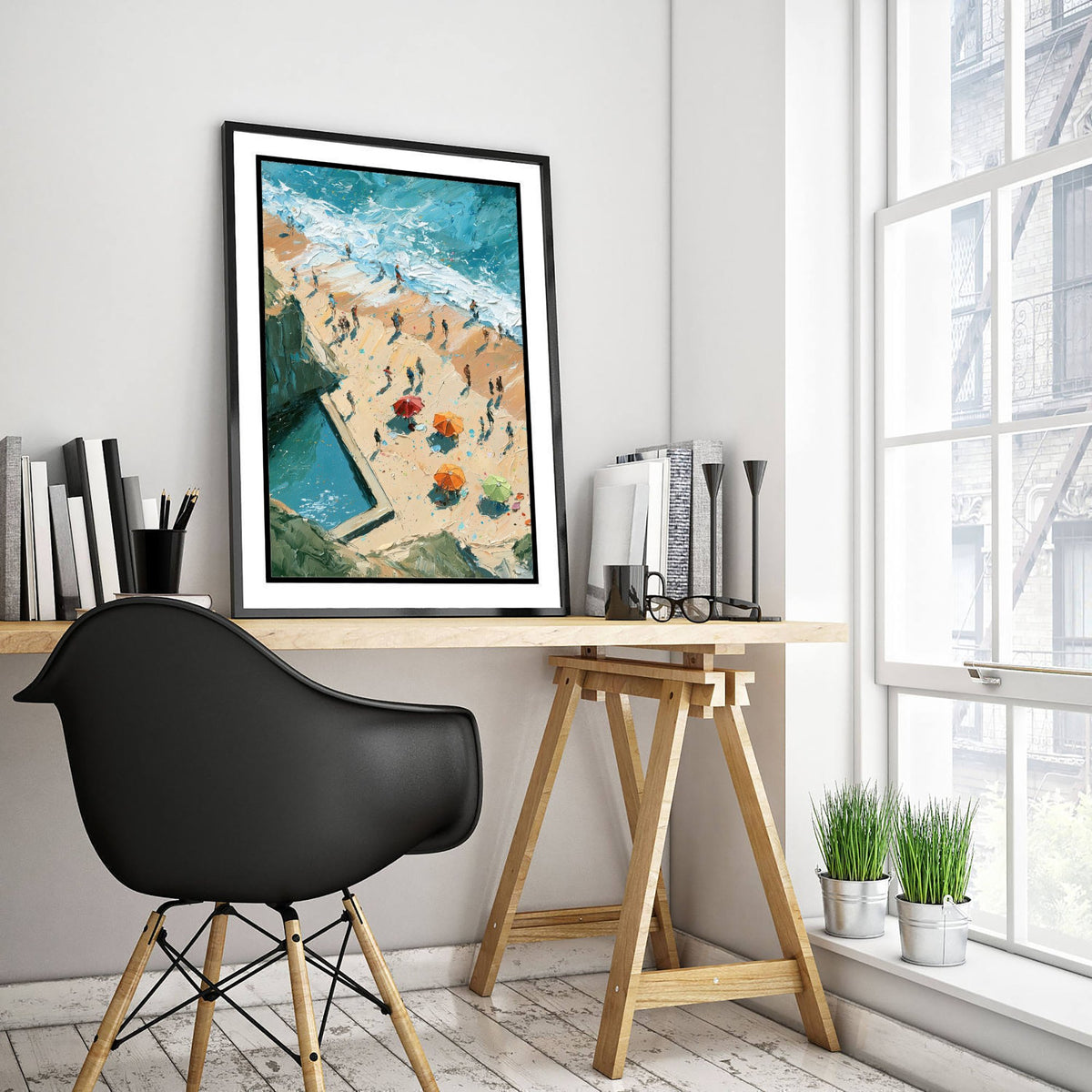Summerleaze Beach Bude Travel Poster - Aerial Beach Art Print - Impasto Beach Painting - Cornwall Panel 1/3