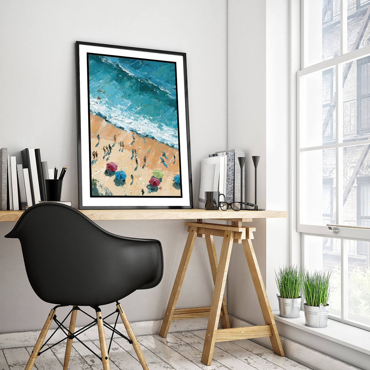 Summerleaze Beach Bude Travel Poster - Aerial Beach Art Print - Impasto Beach Painting - Cornwall Panel 2/3