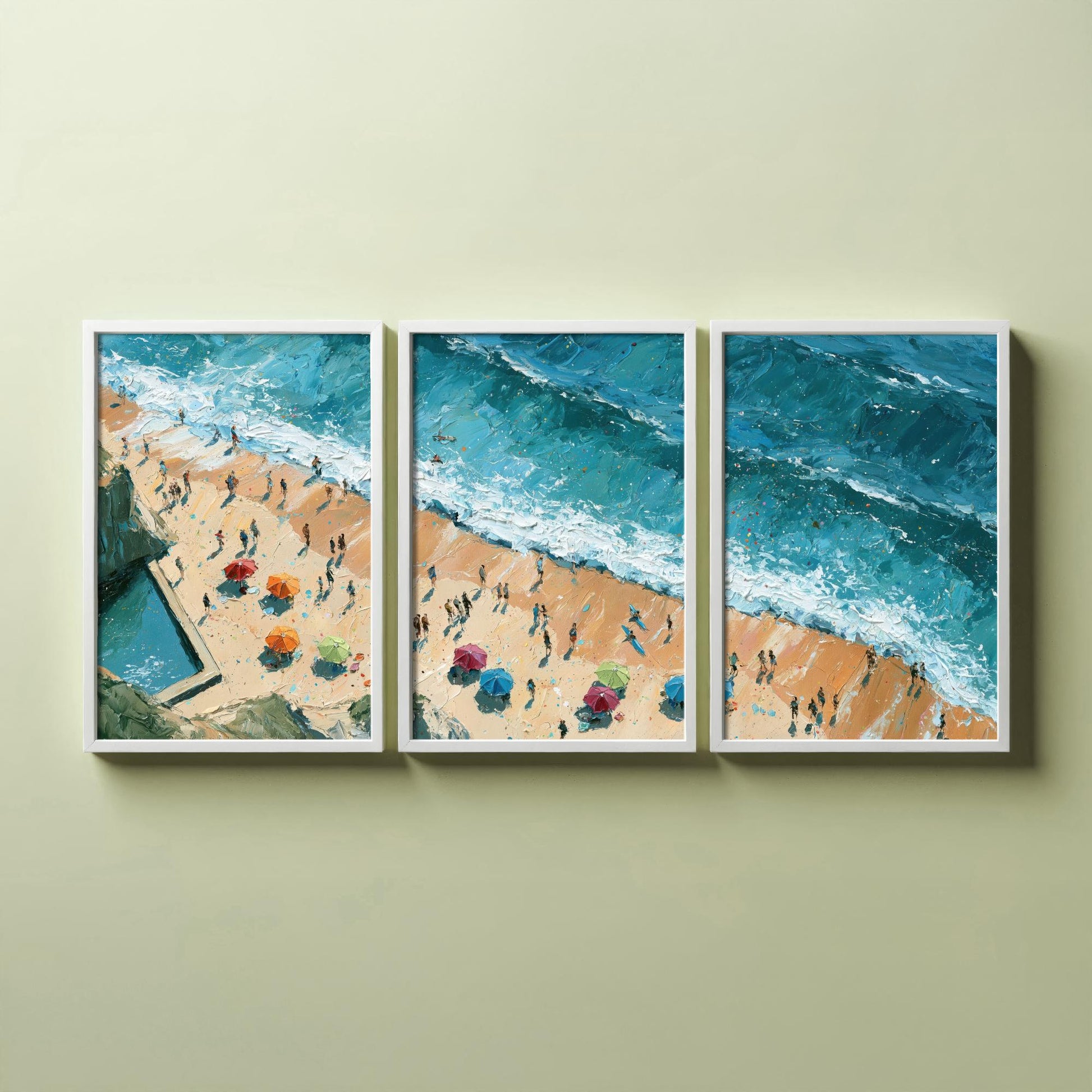 Set of Three Summerleaze Beach Bude Prints - Aerial Coastal Oil Painting Posters - Colourful Seaside Wall Art - England