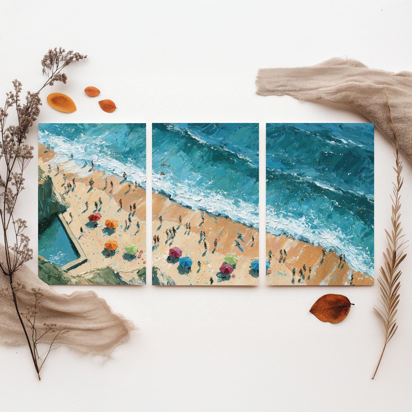 Set of Three Summerleaze Beach Bude Prints - Aerial Coastal Oil Painting Posters - Colourful Seaside Wall Art - England