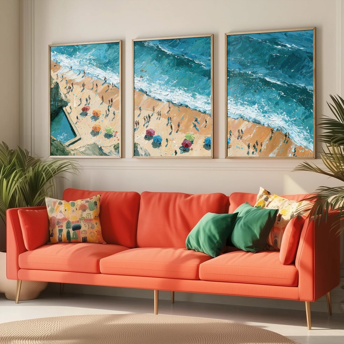 Set of Three Summerleaze Beach Bude Prints - Aerial Coastal Oil Painting Posters - Colourful Seaside Wall Art - England