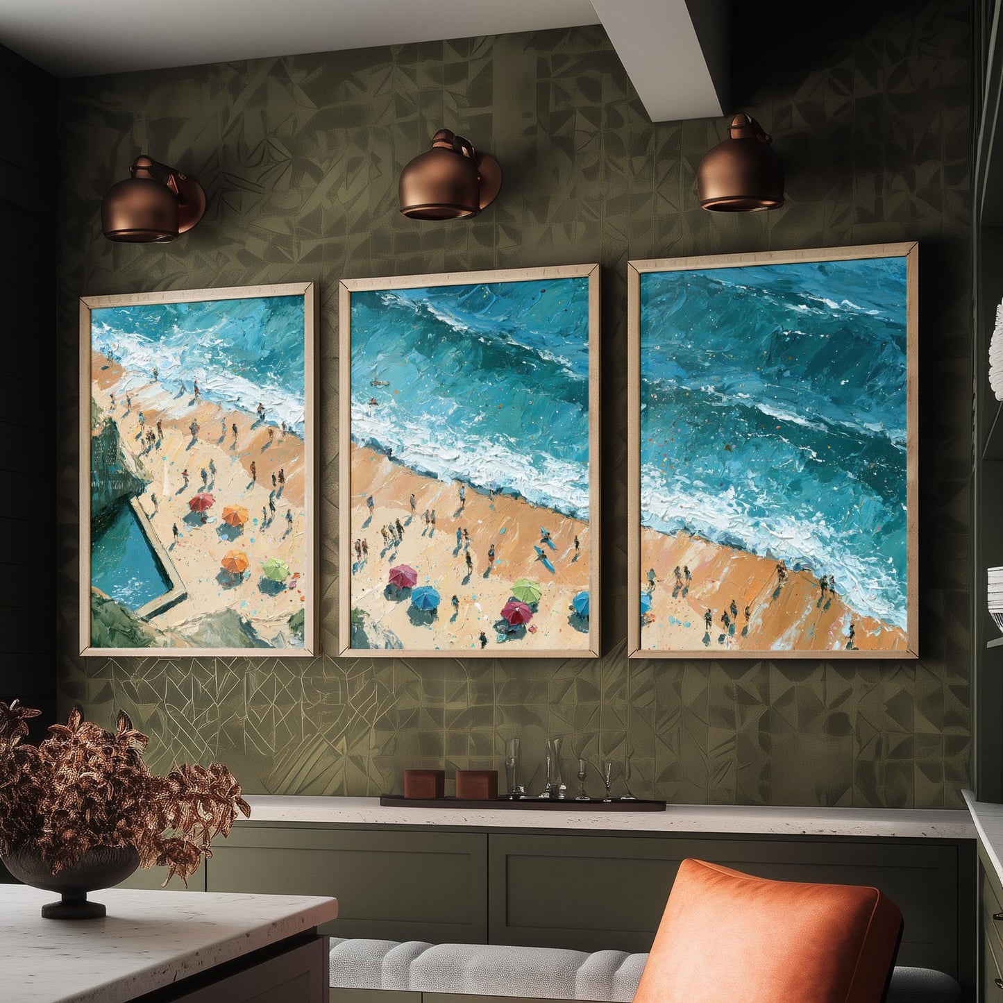 Set of Three Summerleaze Beach Bude Prints - Aerial Coastal Oil Painting Posters - Colourful Seaside Wall Art - England