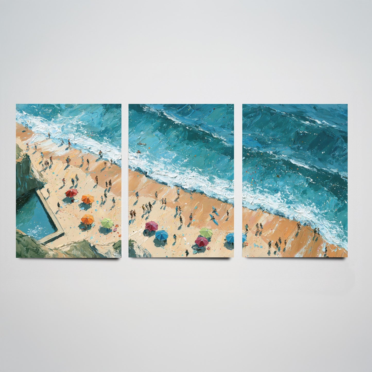 Set of Three Summerleaze Beach Bude Prints - Aerial Coastal Oil Painting Posters - Colourful Seaside Wall Art - England