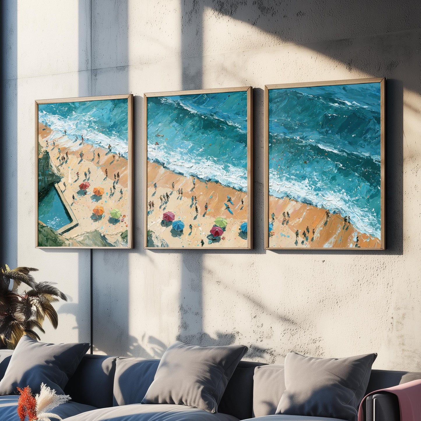 Set of Three Summerleaze Beach Bude Prints - Aerial Coastal Oil Painting Posters - Colourful Seaside Wall Art - England