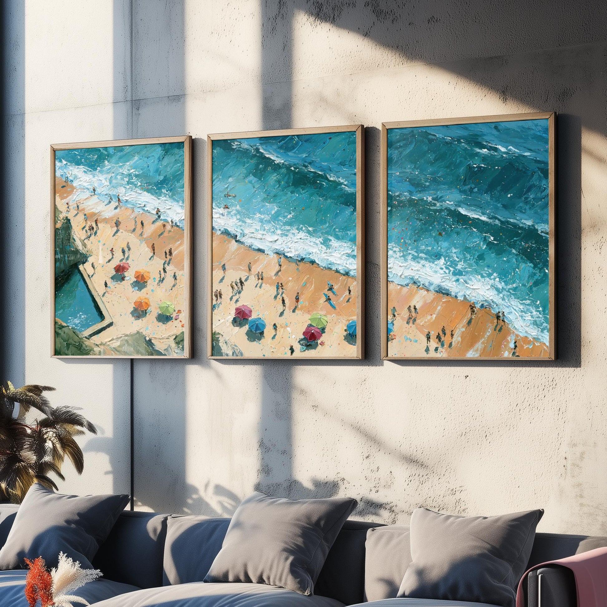 Set of Three Summerleaze Beach Bude Prints - Aerial Coastal Oil Painting Posters - Colourful Seaside Wall Art - England