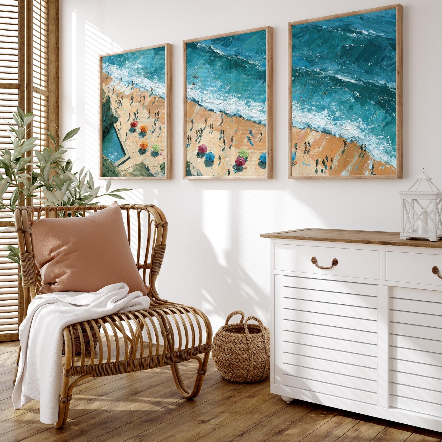 Set of Three Summerleaze Beach Bude Prints - Aerial Coastal Oil Painting Posters - Colourful Seaside Wall Art - England