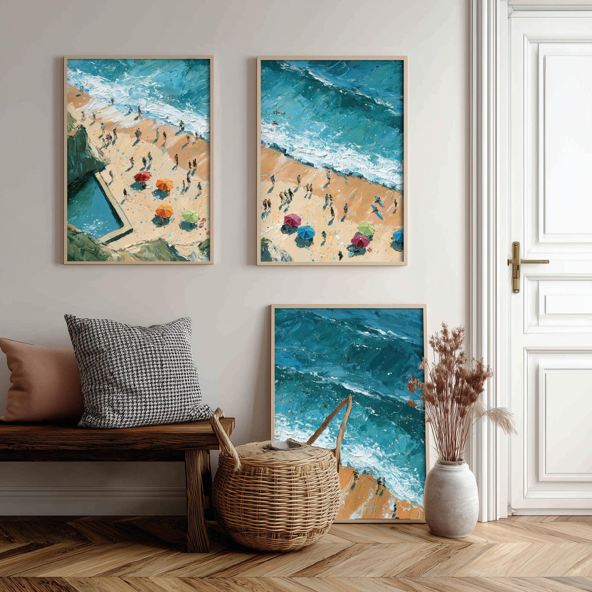 Set of Three Summerleaze Beach Bude Prints - Aerial Coastal Oil Painting Posters - Colourful Seaside Wall Art - England