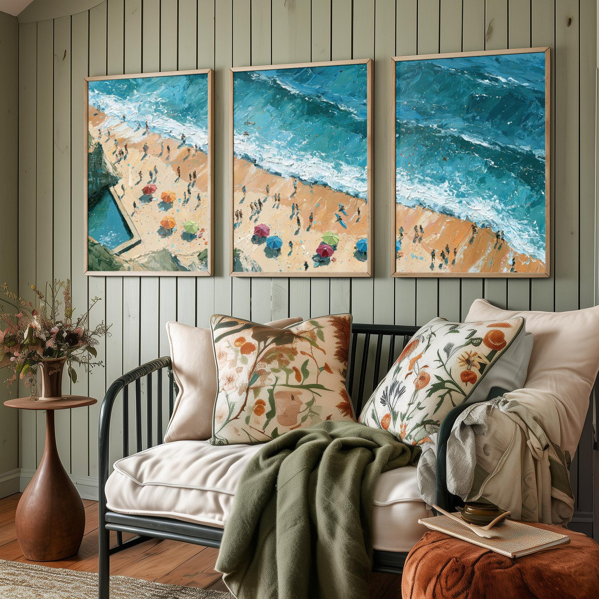 Set of Three Summerleaze Beach Bude Prints - Aerial Coastal Oil Painting Posters - Colourful Seaside Wall Art - England