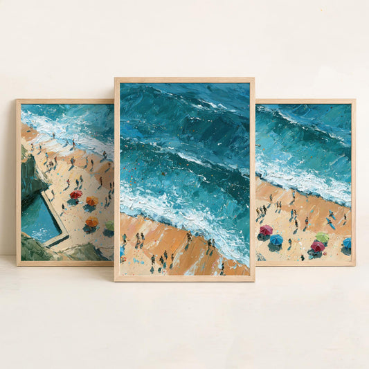Set of Three Summerleaze Beach Bude Prints - Aerial Coastal Oil Painting Posters - Colourful Seaside Wall Art - England