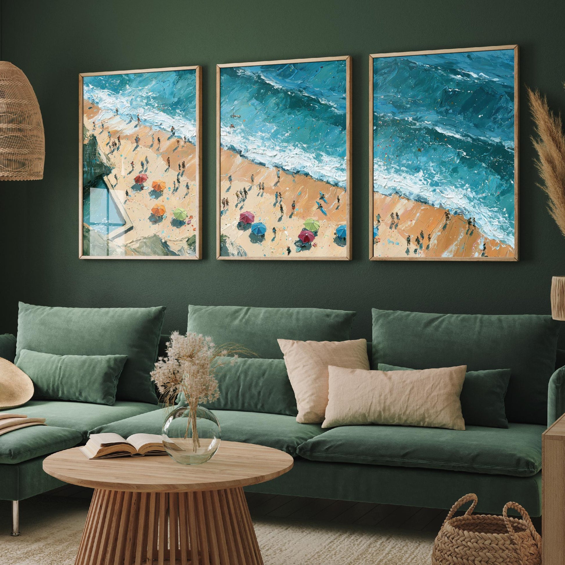 Set of Three Summerleaze Beach Bude Prints - Aerial Coastal Oil Painting Posters - Colourful Seaside Wall Art - England