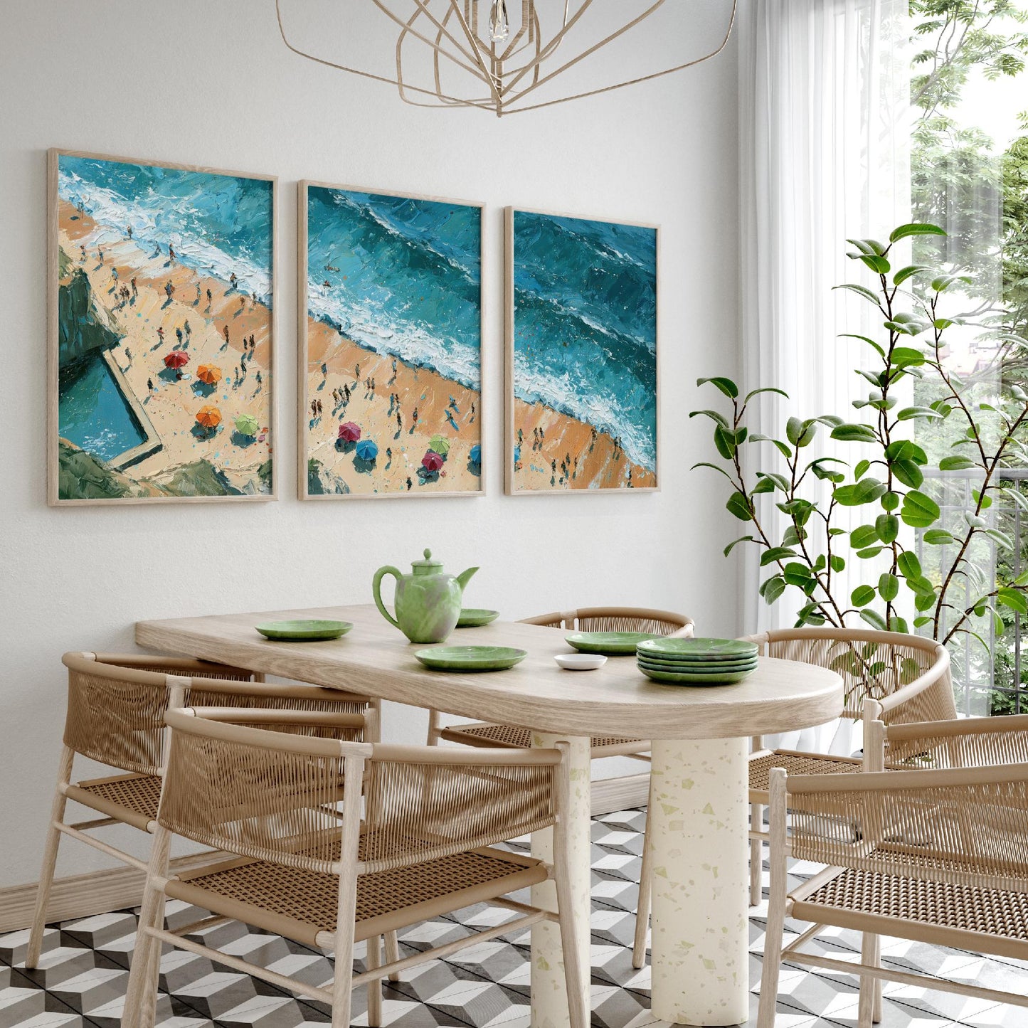 Set of Three Summerleaze Beach Bude Prints - Aerial Coastal Oil Painting Posters - Colourful Seaside Wall Art - England