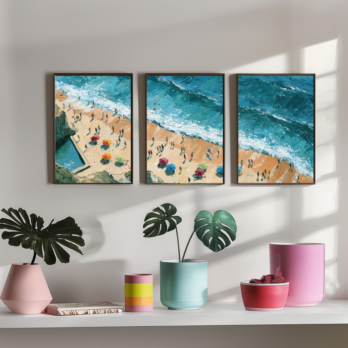 Set of Three Summerleaze Beach Bude Prints - Aerial Coastal Oil Painting Posters - Colourful Seaside Wall Art - England