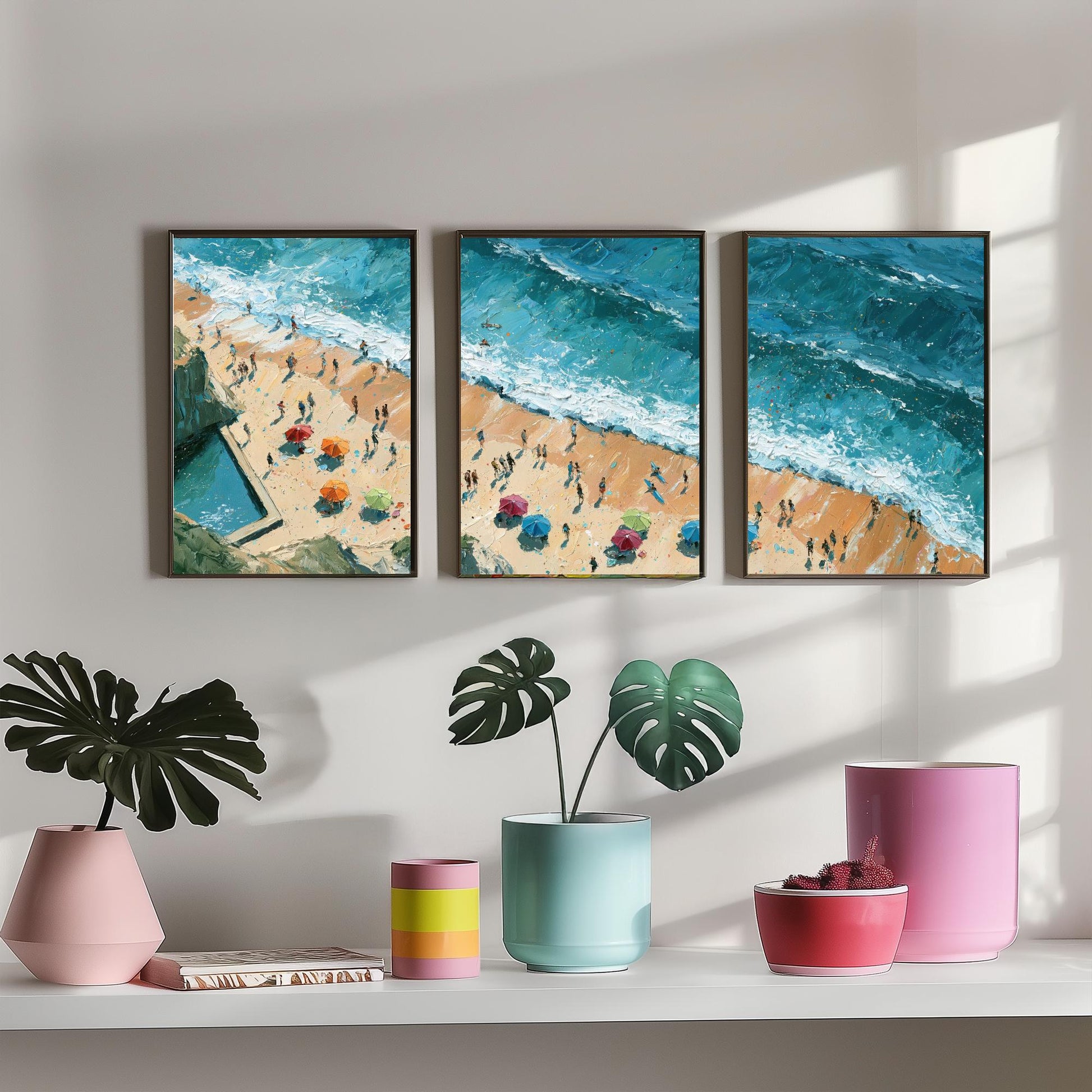 Set of Three Summerleaze Beach Bude Prints - Aerial Coastal Oil Painting Posters - Colourful Seaside Wall Art - England