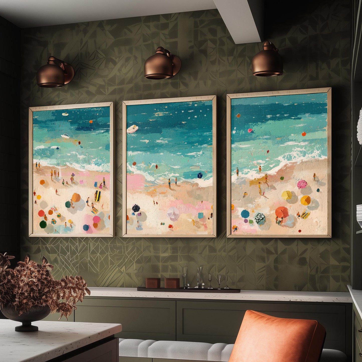 Tenby South Beach Set of Three Prints - Aerial Pembrokeshire Posters - Palette Knife Oil Painting - Welsh Seaside Wall Art