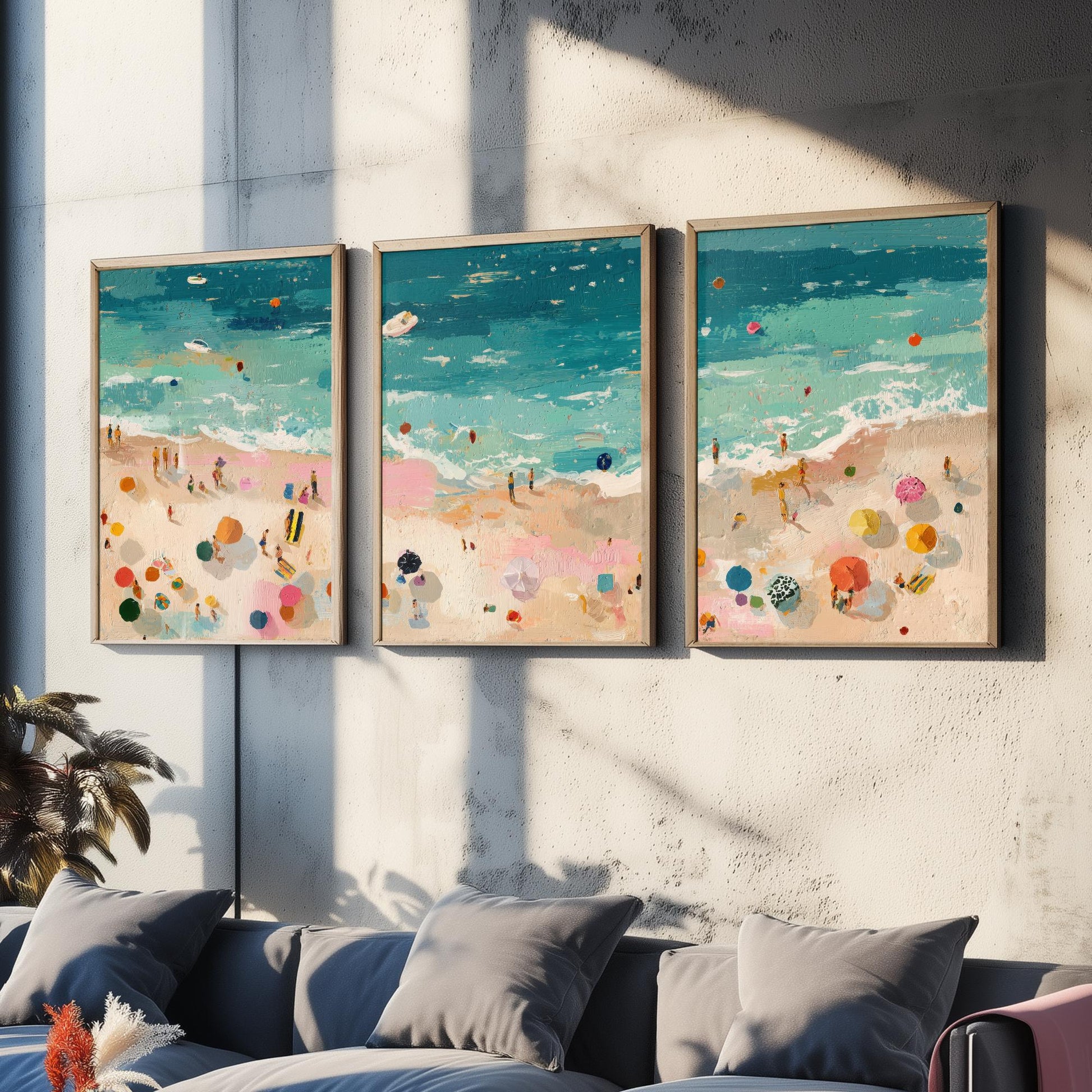Tenby South Beach Set of Three Prints - Aerial Pembrokeshire Posters - Palette Knife Oil Painting - Welsh Seaside Wall Art
