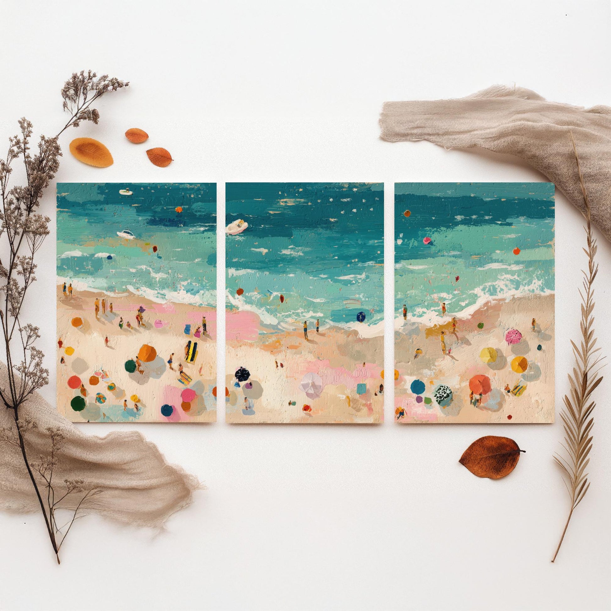 Tenby South Beach Set of Three Prints - Aerial Pembrokeshire Posters - Palette Knife Oil Painting - Welsh Seaside Wall Art