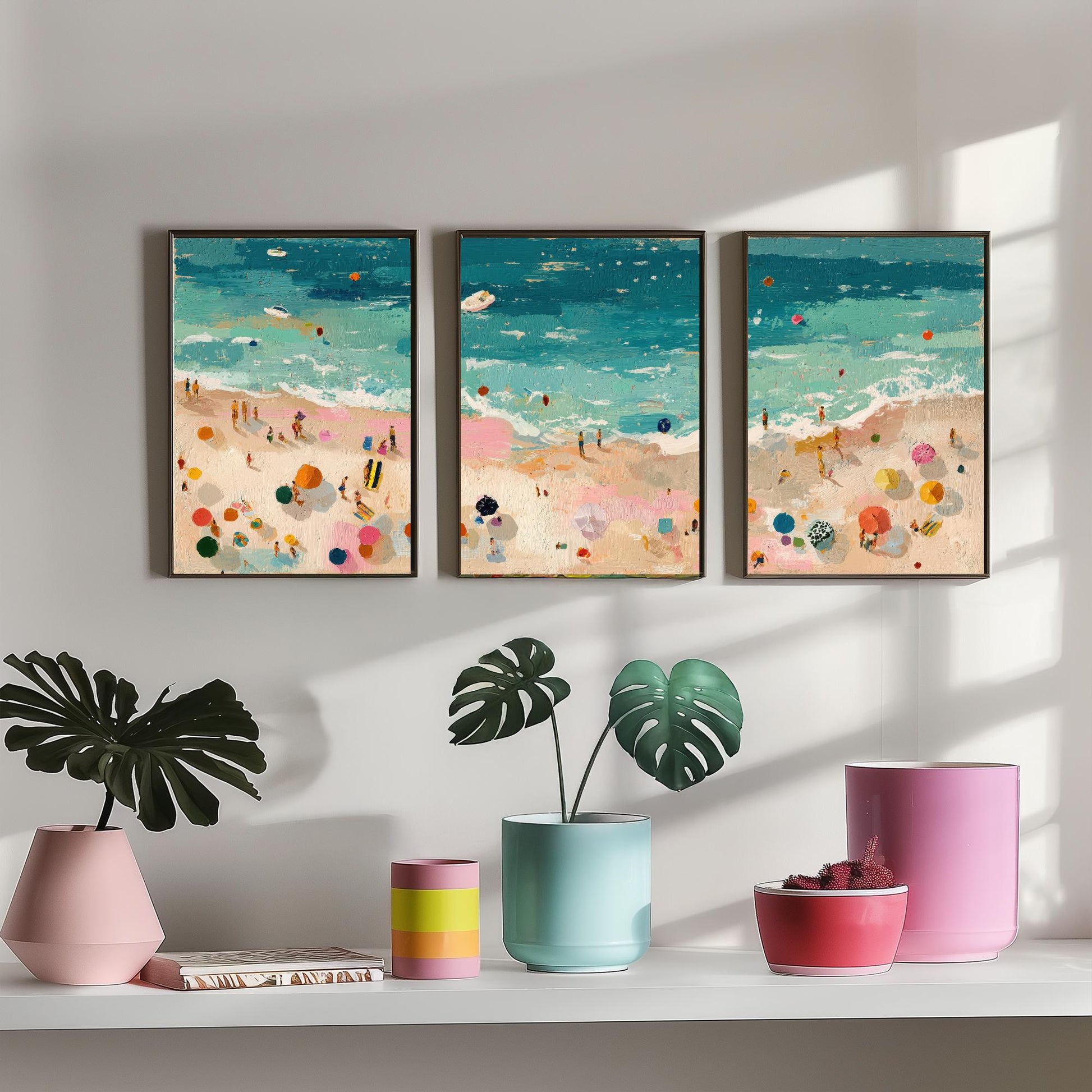 Tenby South Beach Set of Three Prints - Aerial Pembrokeshire Posters - Palette Knife Oil Painting - Welsh Seaside Wall Art