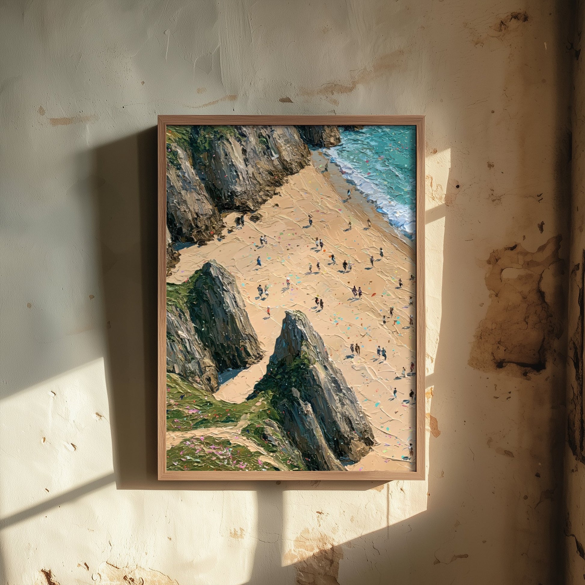 Three Cliffs Bay Travel Poster - Aerial Beach Art Print - Impasto Beach Painting - Gower Panel 1/3