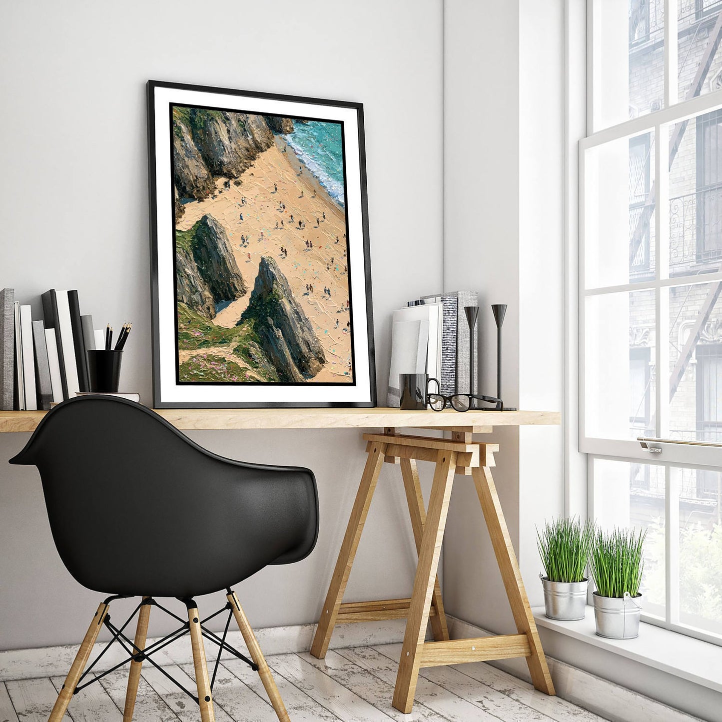 Three Cliffs Bay Travel Poster - Aerial Beach Art Print - Impasto Beach Painting - Gower Panel 1/3