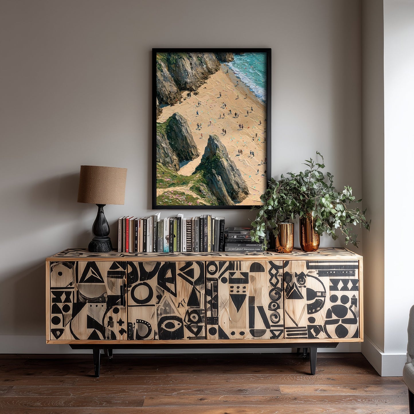 Three Cliffs Bay Travel Poster - Aerial Beach Art Print - Impasto Beach Painting - Gower Panel 1/3