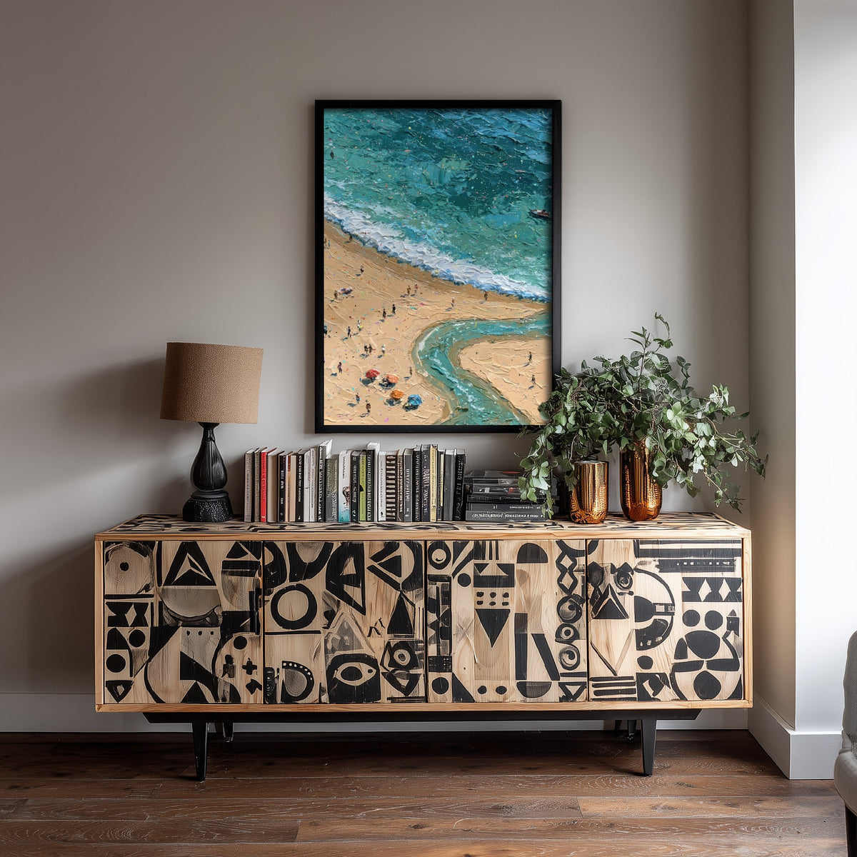 Three Cliffs Bay Travel Poster - Aerial Beach Art Print - Impasto Beach Painting - Gower Panel 2/3