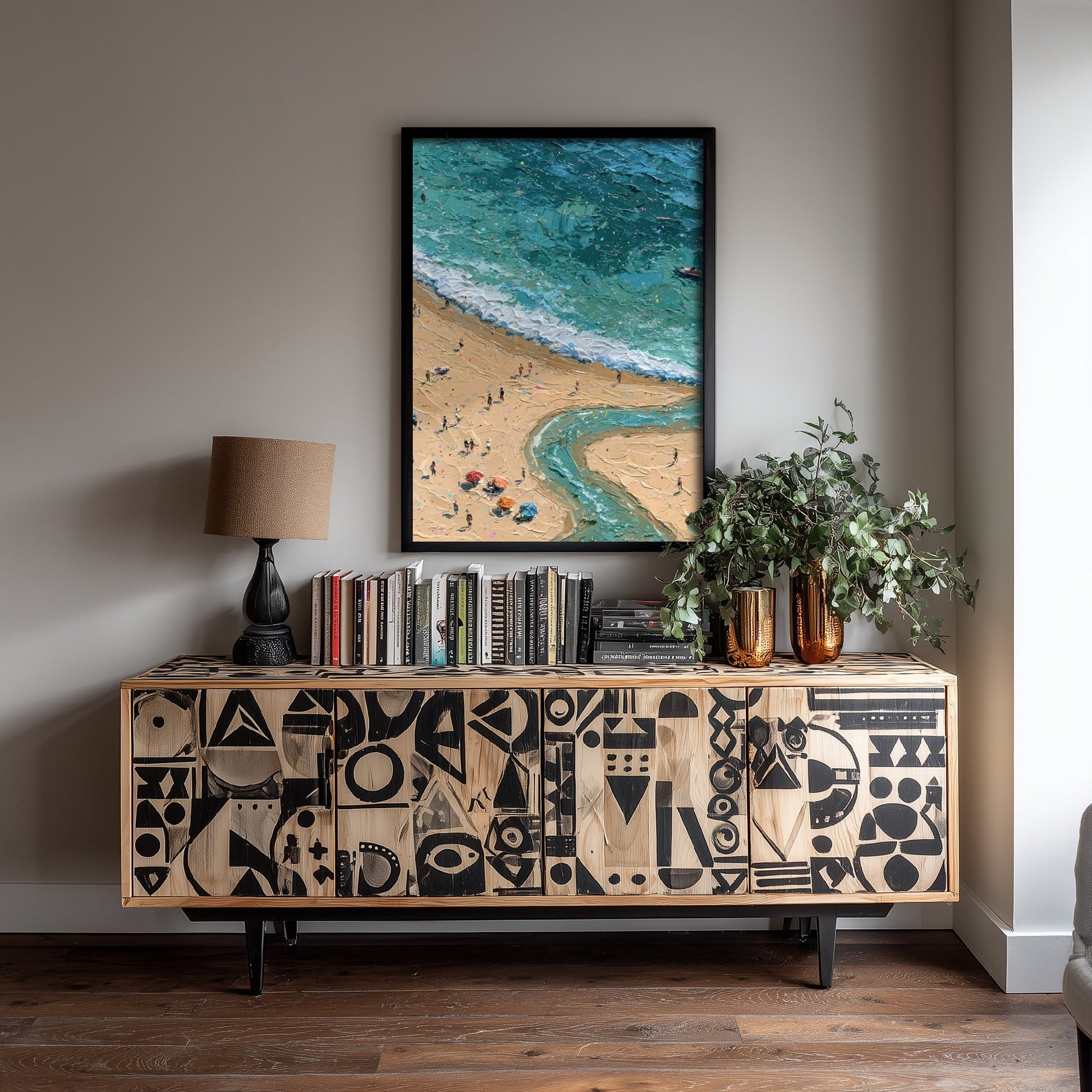 Three Cliffs Bay Travel Poster - Aerial Beach Art Print - Impasto Beach Painting - Gower Panel 2/3
