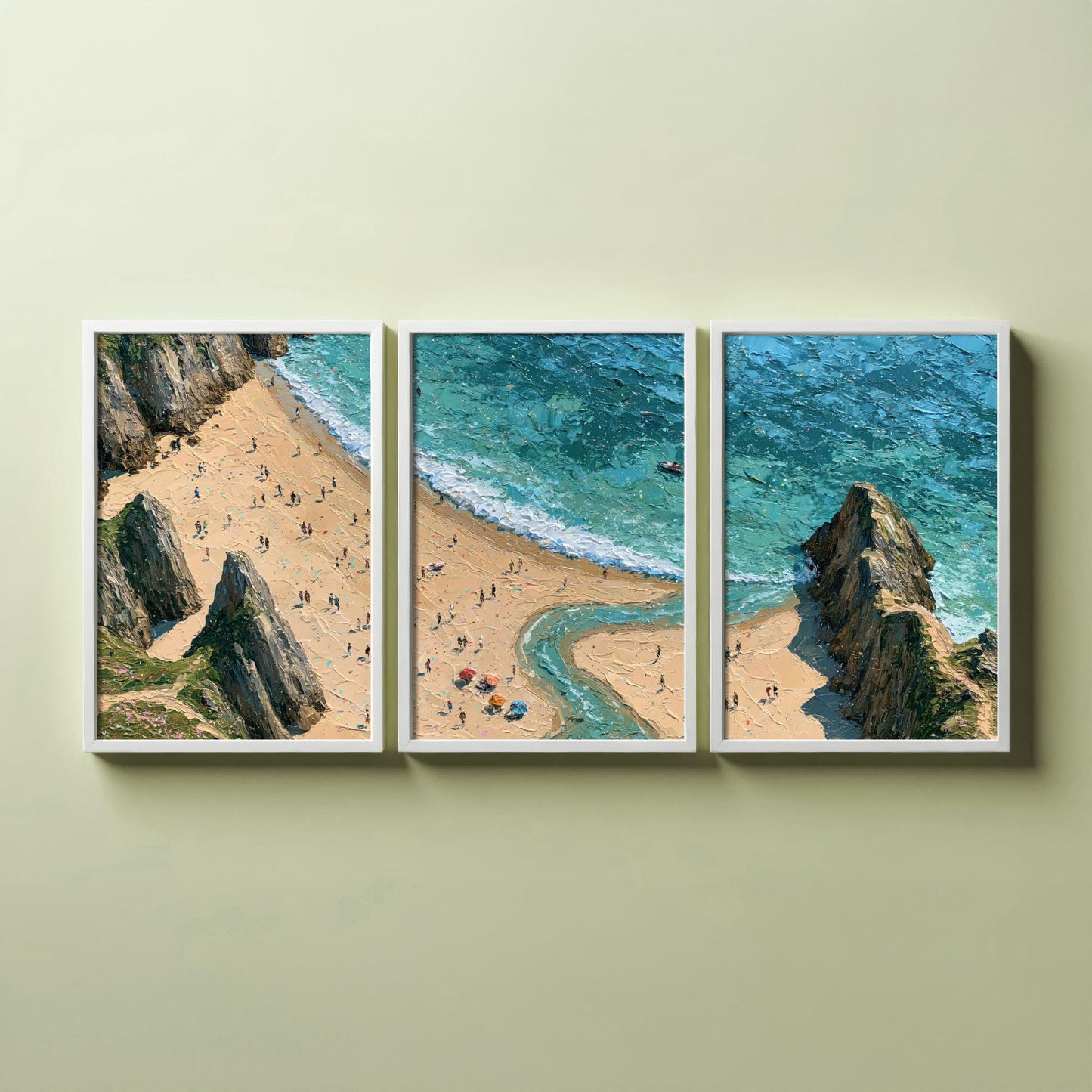 Set of Three Three Cliffs Bay Prints - Aerial Coastal Oil Painting Posters - Colourful Seaside Wall Art - Wales