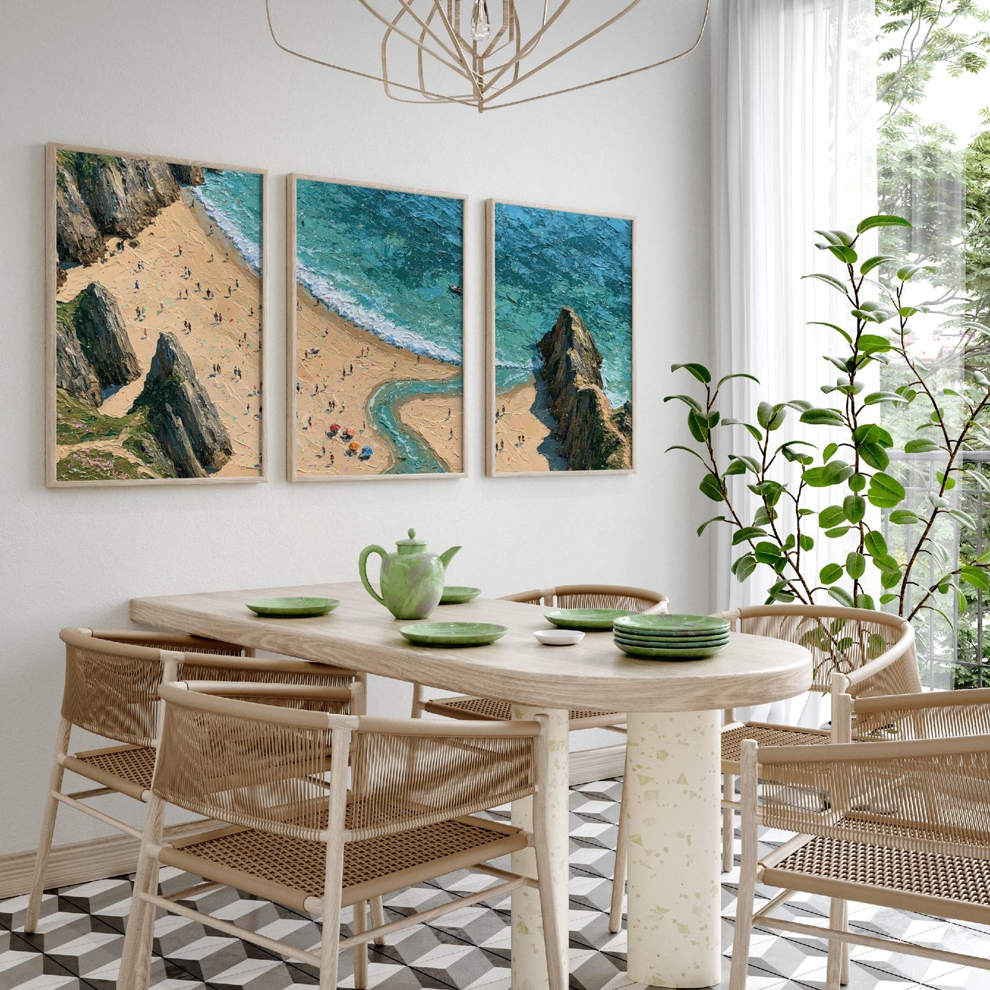 Set of Three Three Cliffs Bay Prints - Aerial Coastal Oil Painting Posters - Colourful Seaside Wall Art - Wales